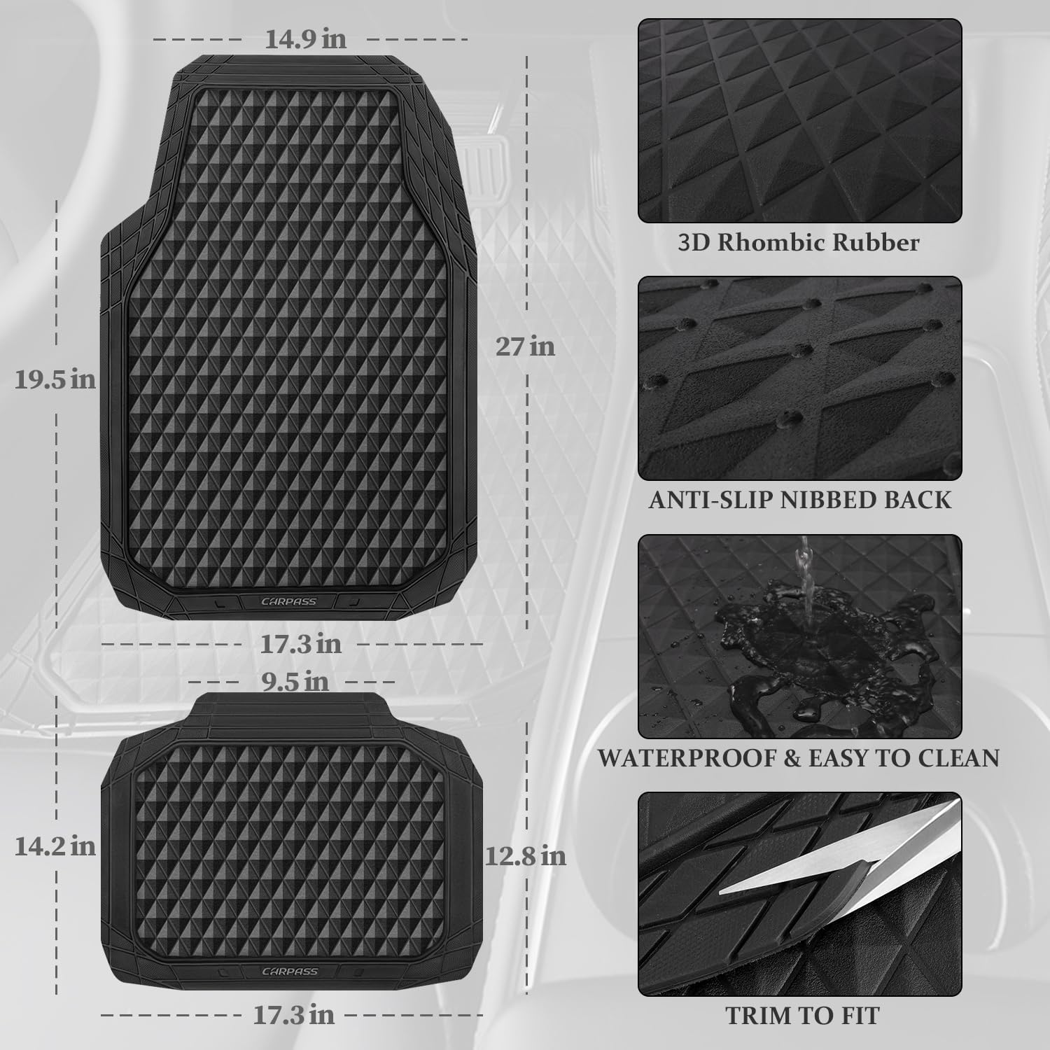 All-Weather Floor Mats Full Set Durable Anti-Slip 3D Rhombus Waterproof